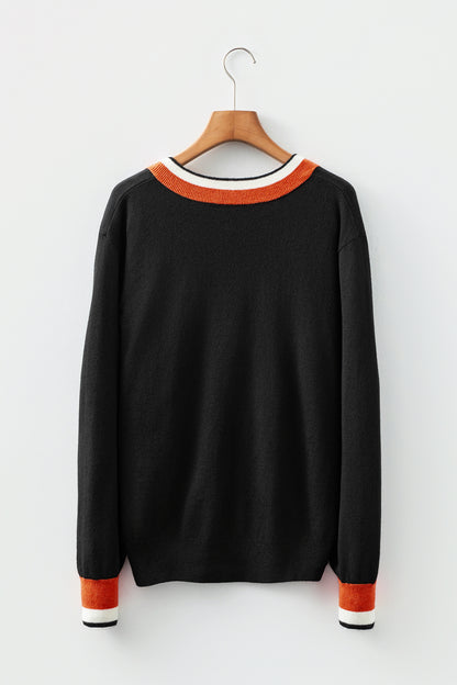Black Contrast Striped Trim V Neck Varsity Sweater