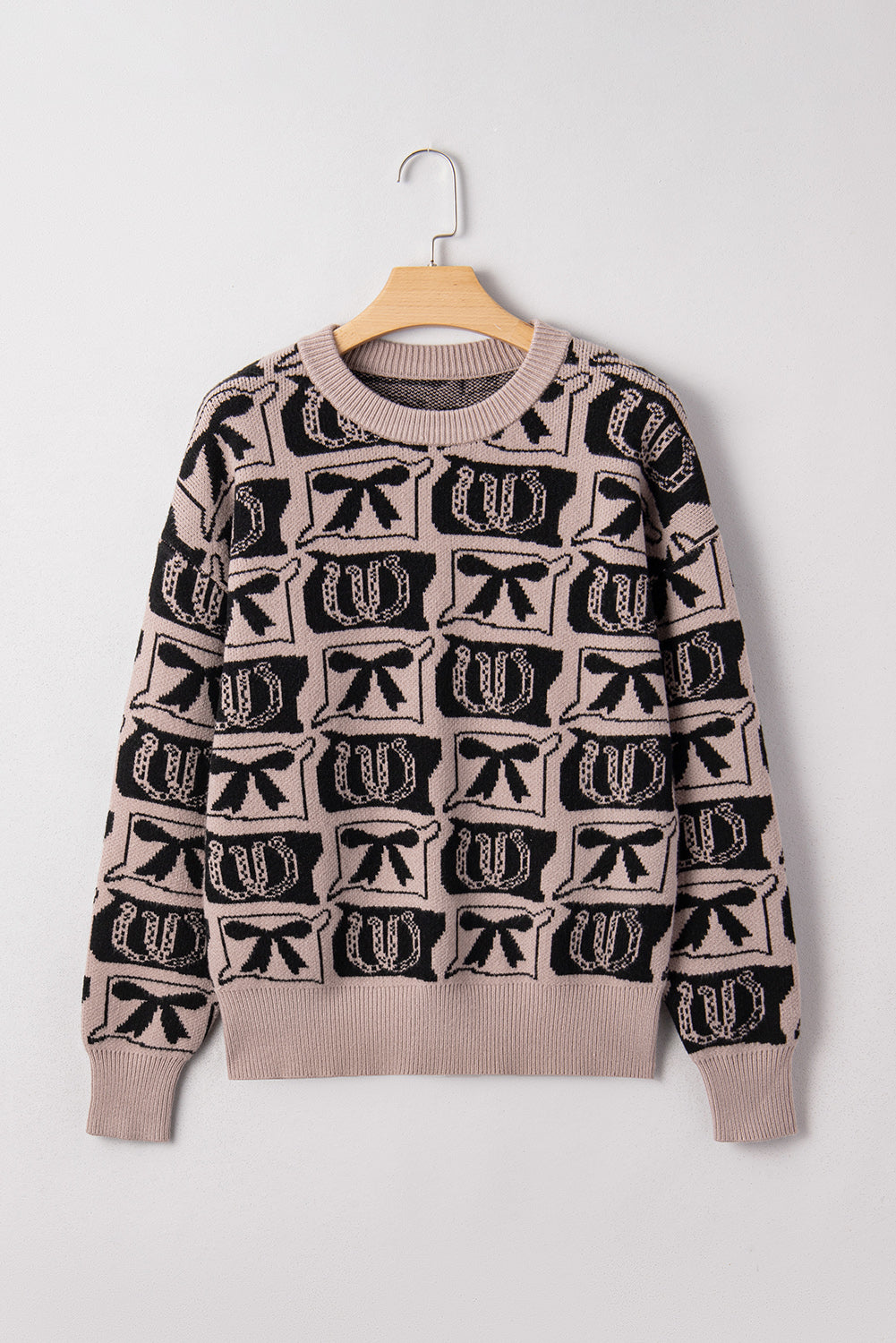 Brown Bows & Horseshoes Pattern Western Fashion Print Sweater