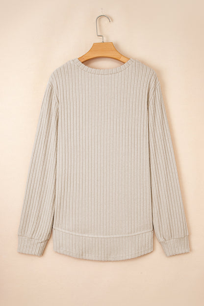 Jet Stream Ribbed Texture Round Neck Long Sleeve Rounded Hem Knit Top