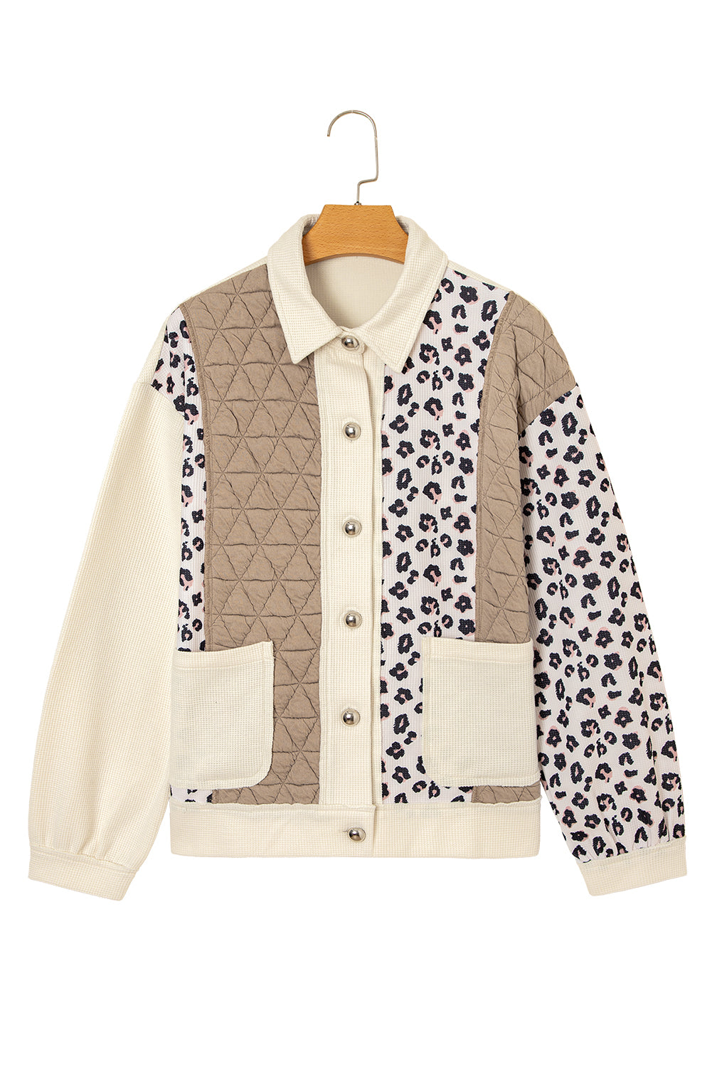 Khaki Leopard Waffle Quilted Patchwork Button Front Jacket