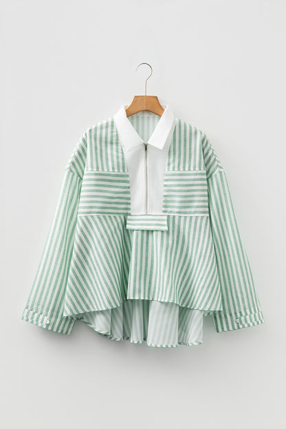 Green Stripe Half Zip Long Sleeve Swing Top