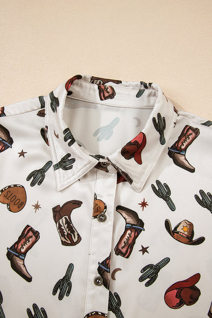 White Western Fashion Print Button Up Casual Shirt