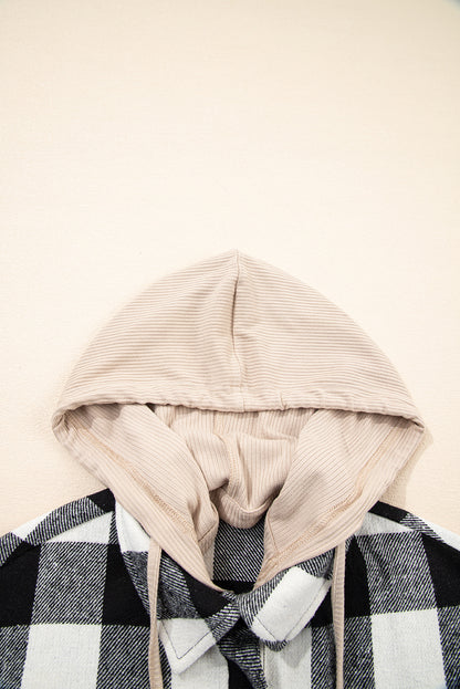 Black Double Plaid Patchwork Drawstring Hooded Shacket
