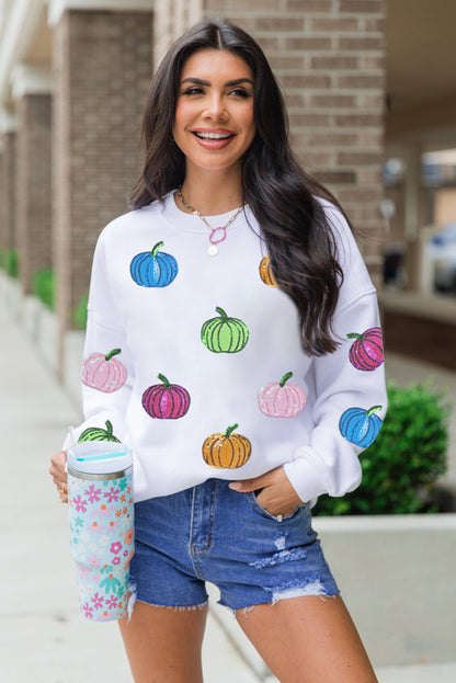 White Colorful Pumpkin Sequin Patched Drop Shoulder Sweatshirt