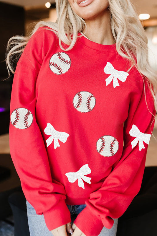 Red Sequin Baseball Bow Patched Pattern Game Day Pullover Sweatshirt