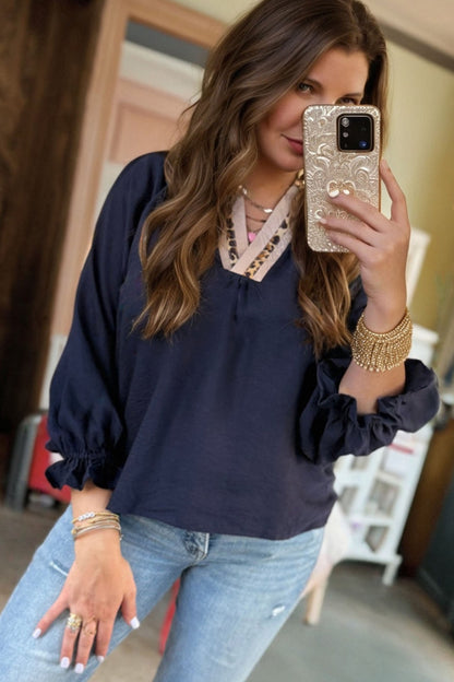 Navy Blue Contrast Leopard Patchwork Collar Plus Size Long Flounce Sleeve Blouse