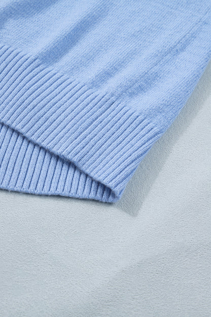 Beau Blue Solid Color Ribbed Trim Round Neck Ruffle Short Sleeve Sweater