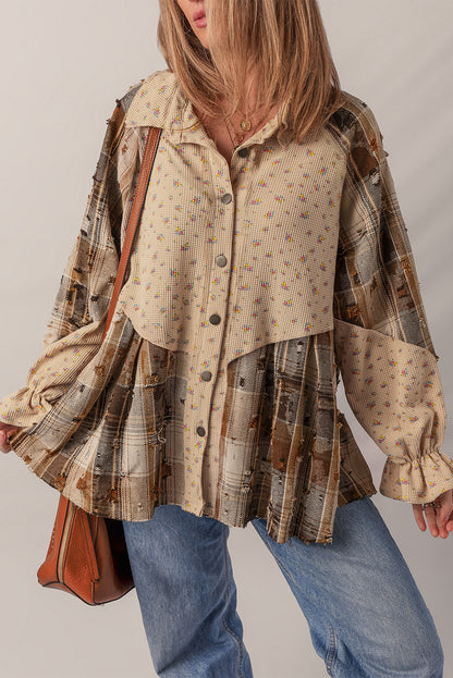 Ashleigh Blue Boho Floral Plaid Patchwork Distressed Detail Ruffled Sleeve Waffle Knit Shacket