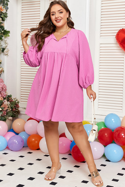 Sachet Pink Plus Size Textured Tie Split Neck Puff Sleeve Flowy Mini Dress