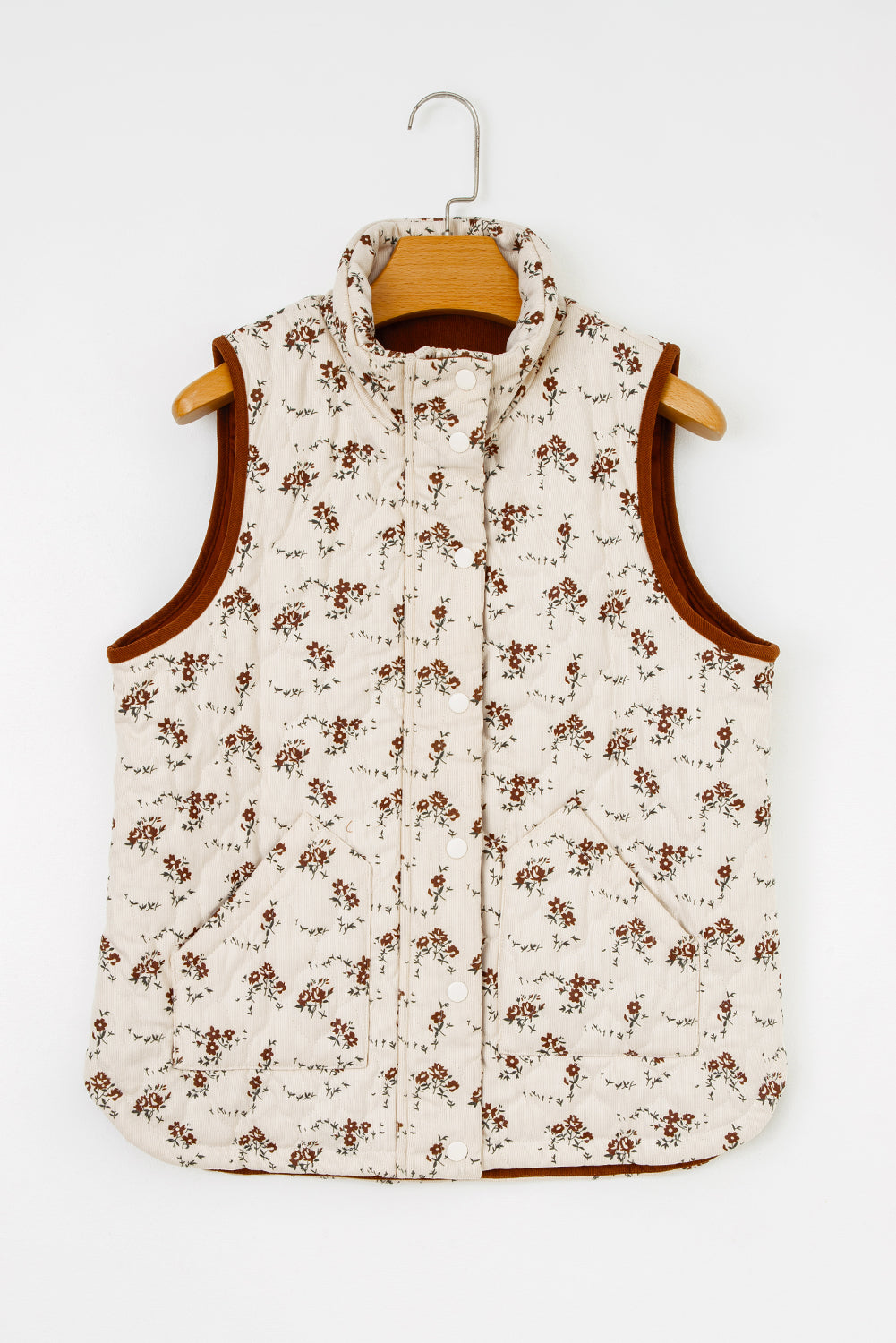 Apricot Floral Print Zip Up Quilted Vest