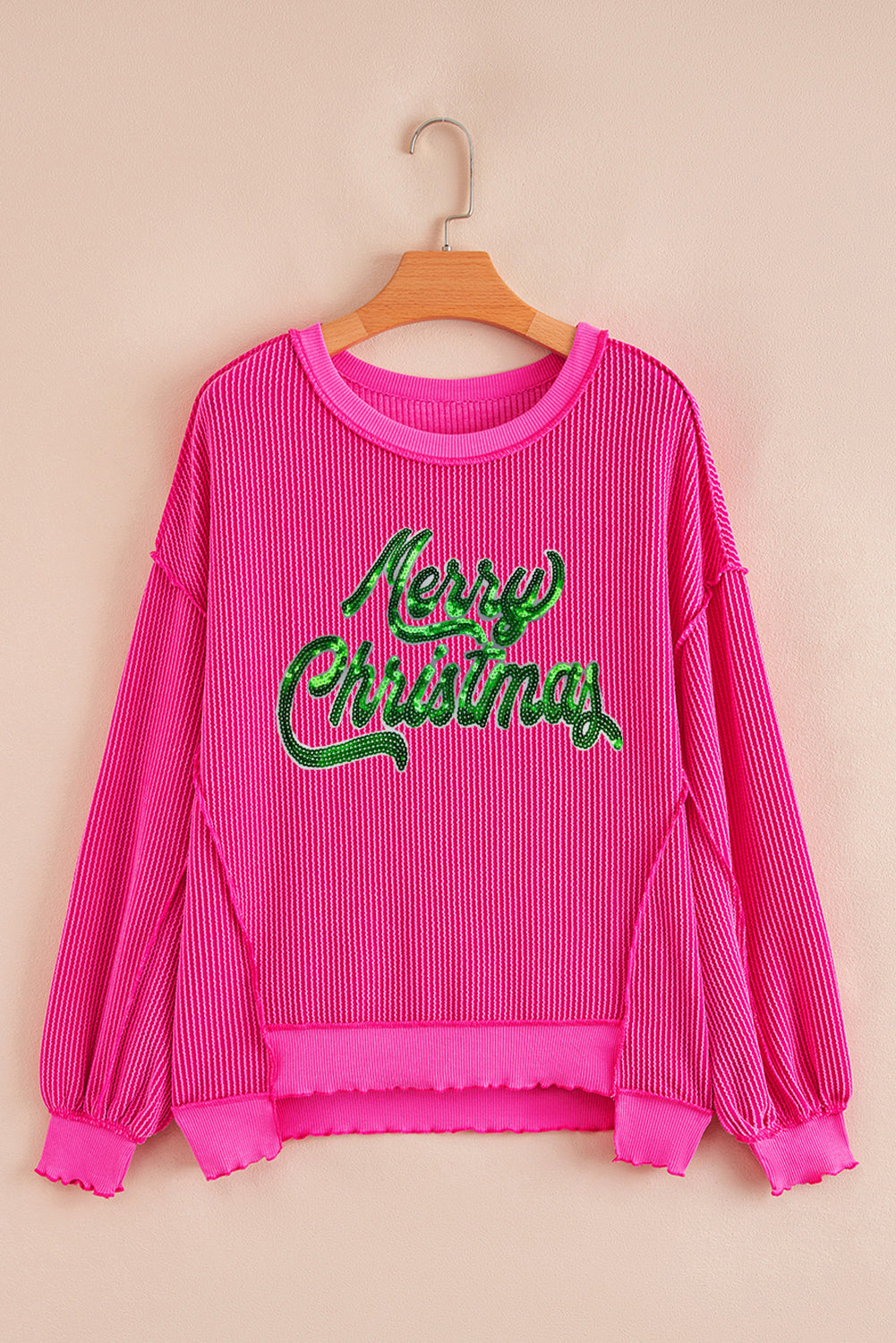 Strawberry Pink Twisted Ribbed Texture Merry Christmas Sequin Letter Graphic Top