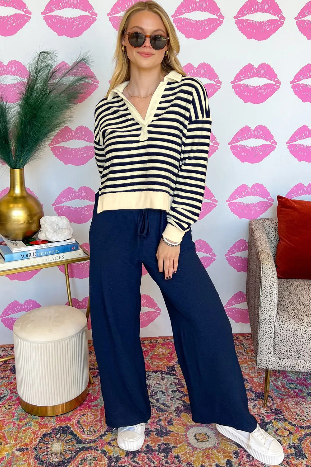 Blue Stripe Collared V Neck Long Sleeve Casual Top