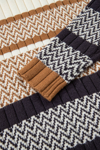 Brown Stripe Stylish Pattern Knitted Ribbed Trim Slim Sweater