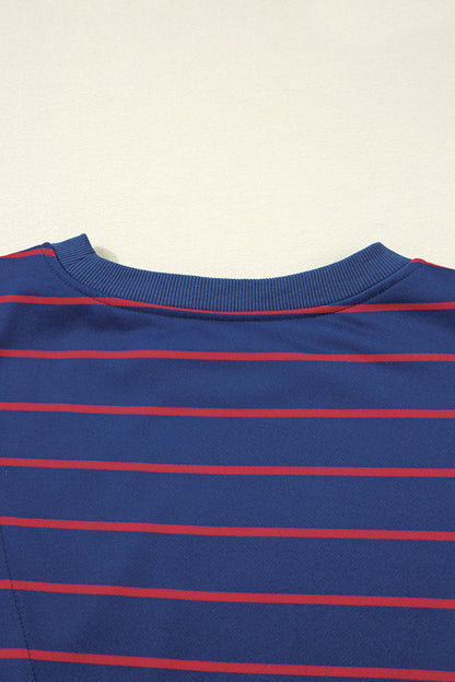 Blue Stripe Stylish Overlap Detail Drop Shoulder Pullover Sweatshirt