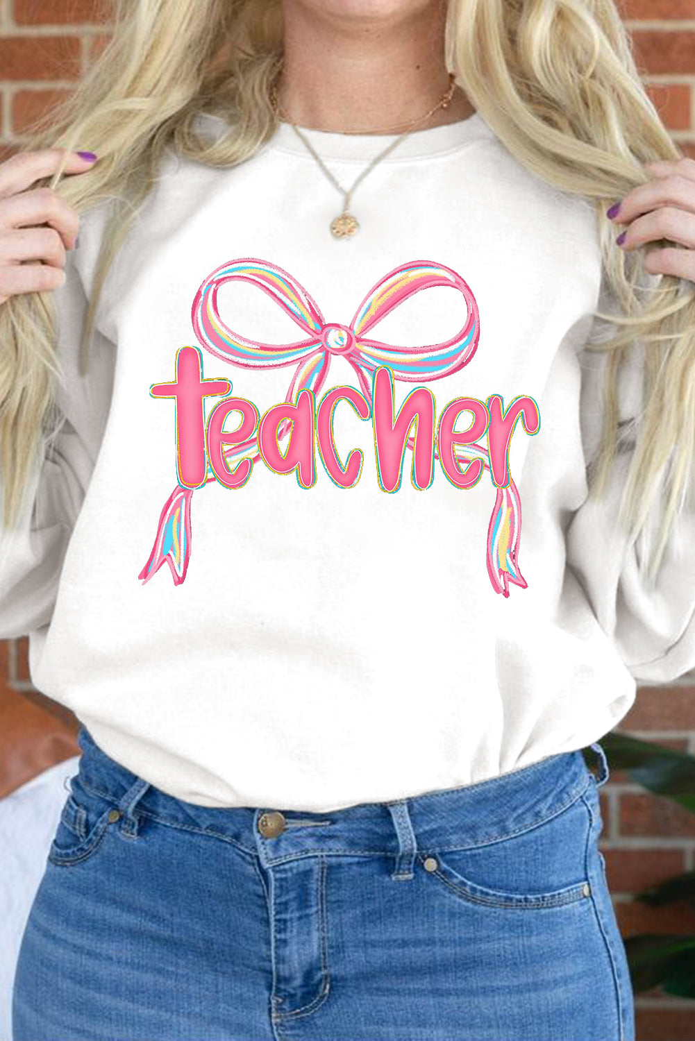 White Teacher Bow PNG Graphic Pullover Sweatshirt