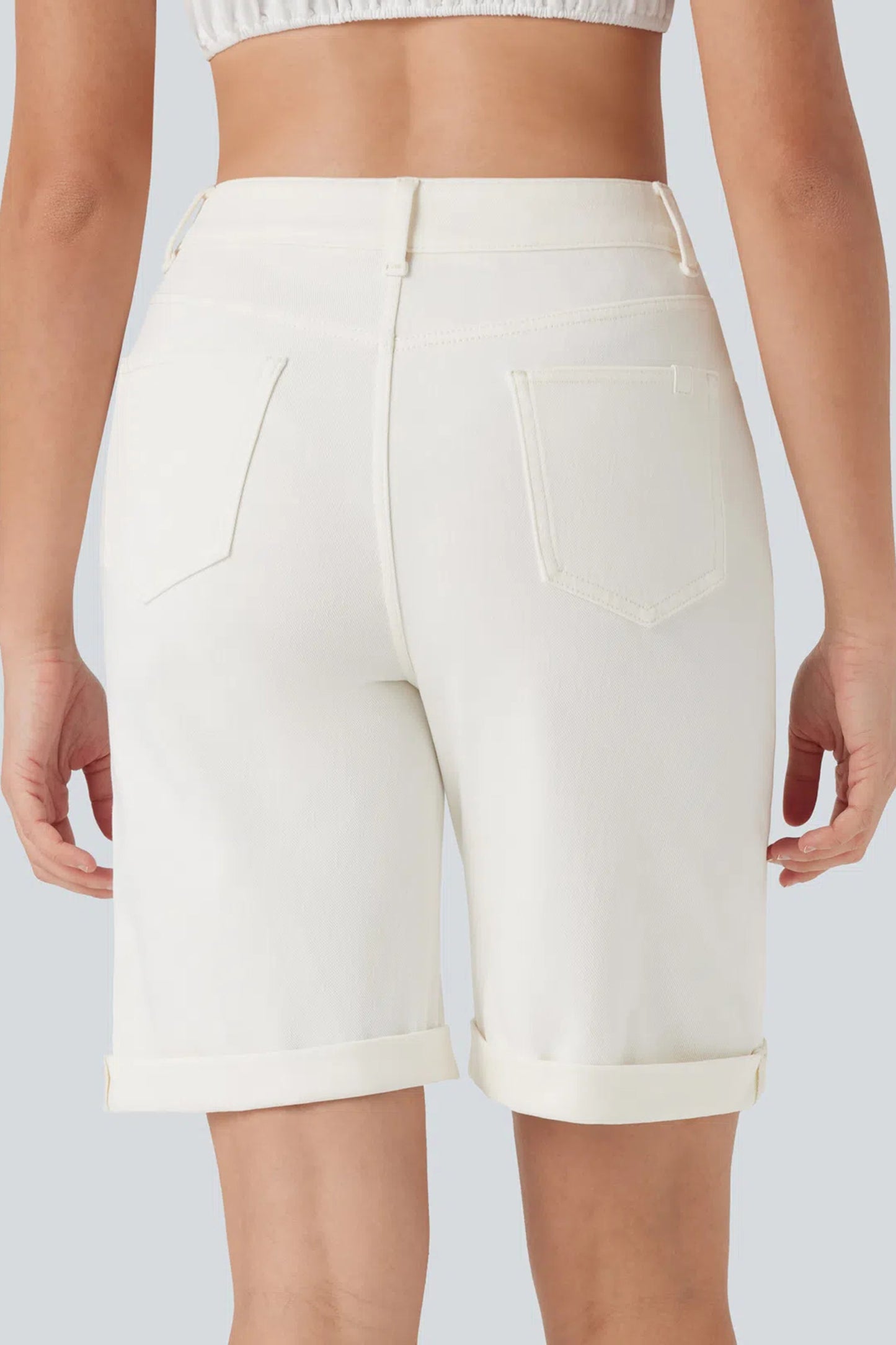 White Solid Color Rolled Cuffs Denim Bermuda Shorts
