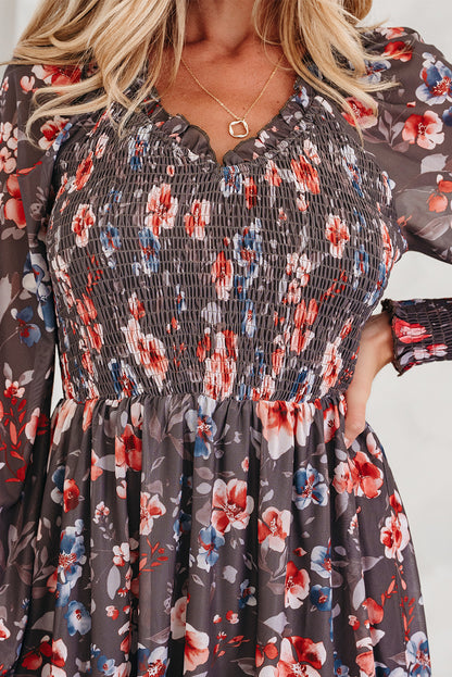 Brown Frilly Smocked Bodice Floral Mesh Long Sleeve Mini Dress