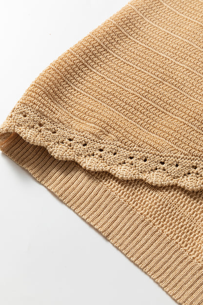 Pale Khaki Hollow out Trim Buttoned Front Boho Sweater Vest