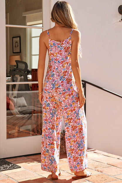 Multicolour Floral Print Spaghetti Straps Loose Pocketed Jumpsuit
