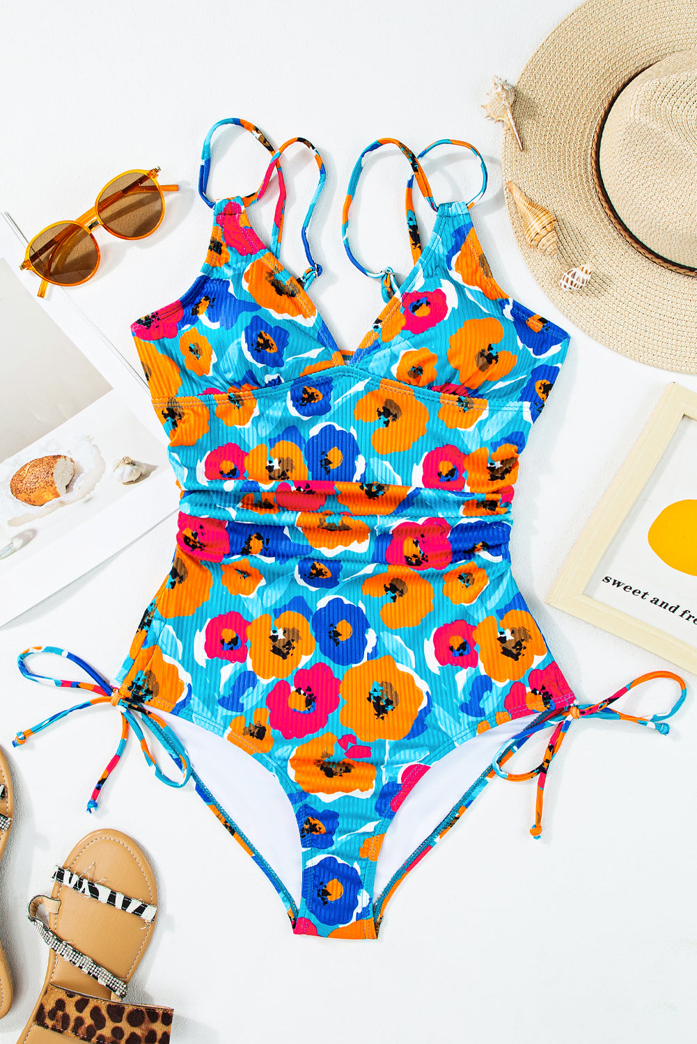 Black Adjustable Straps Ribbed Knit One Piece Swimsuit