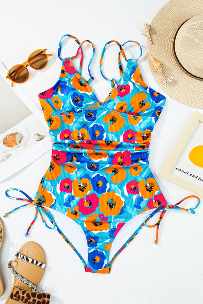 Black Adjustable Straps Ribbed Knit One Piece Swimsuit