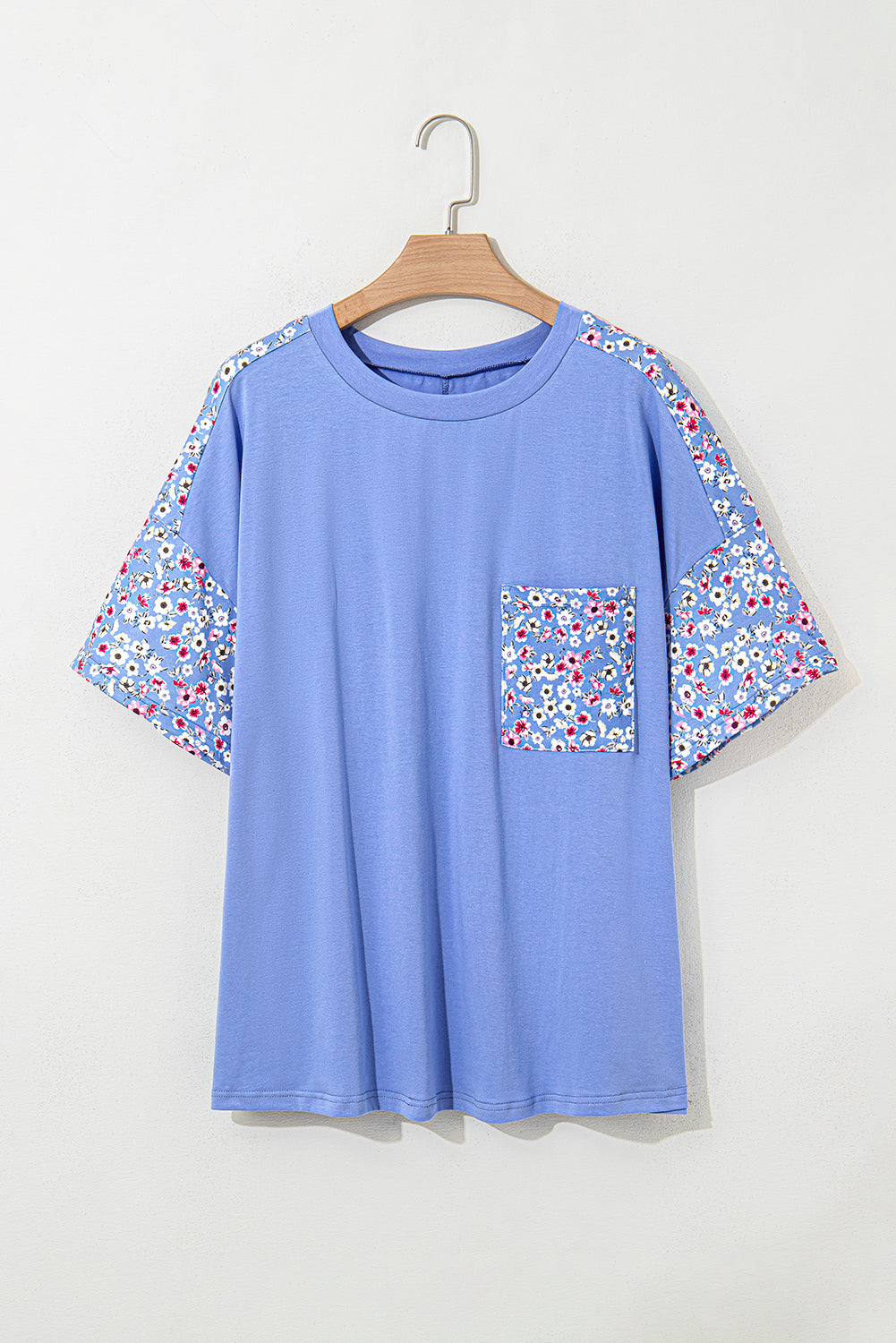 Sky Blue Floral Patchwork Chest Pocket Crewneck Plus Size T Shirt