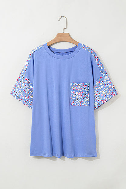 Sky Blue Floral Patchwork Chest Pocket Crewneck Plus Size T Shirt