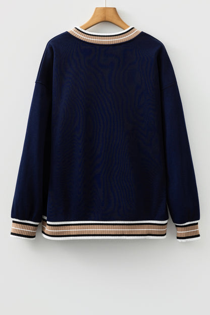 Navy Blue Varsity Contrast Striped Trim V Neck Sweatshirt