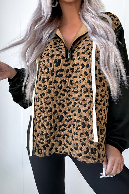Brown Leopard Patchwork Contrast Stitching Knotted Cuff Quarter Zip Hoodie