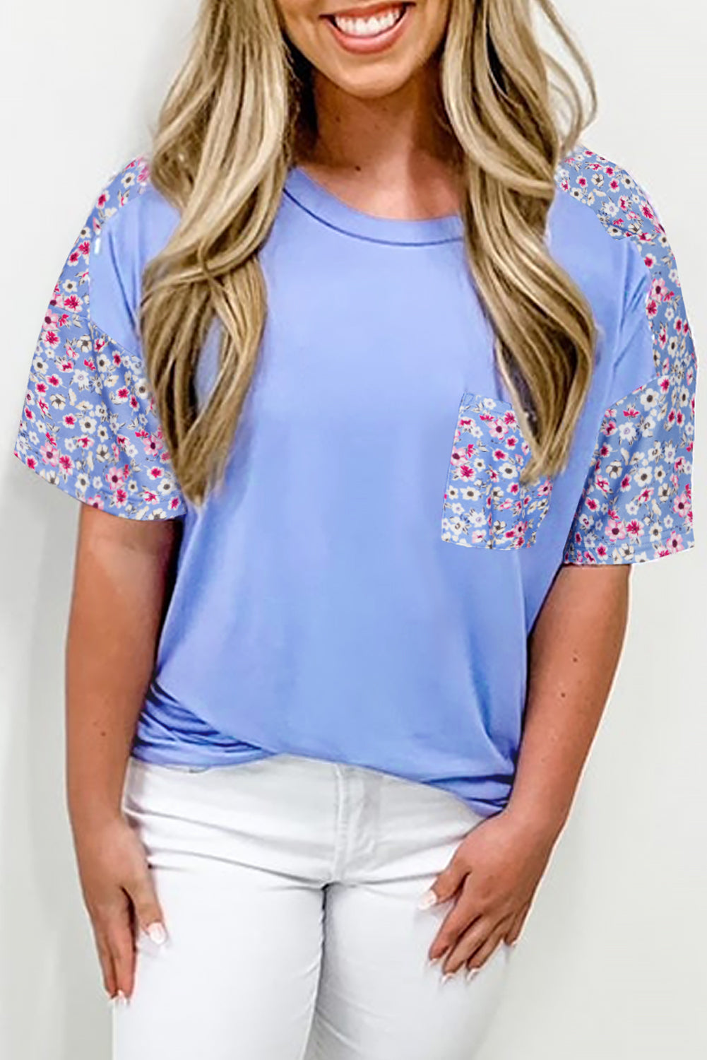 Sky Blue Floral Patchwork Chest Pocket Crewneck Plus Size T Shirt