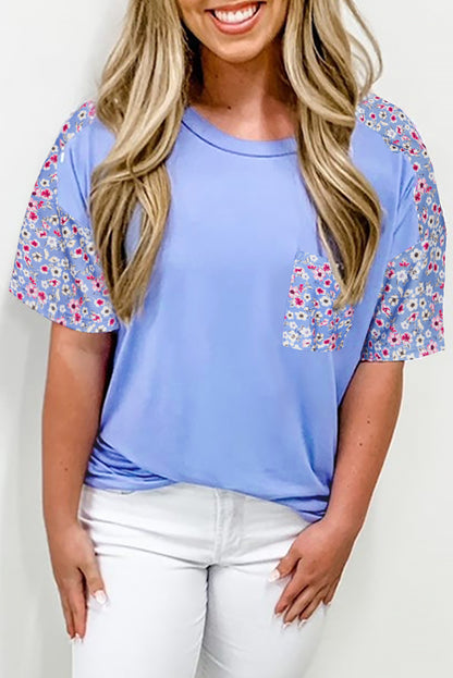 Sky Blue Floral Patchwork Chest Pocket Crewneck Plus Size T Shirt