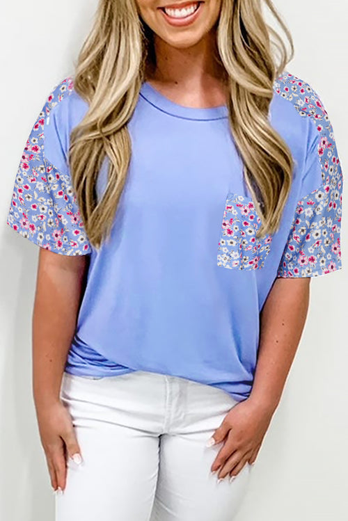 Sky Blue Floral Patchwork Chest Pocket Crewneck Plus Size T Shirt