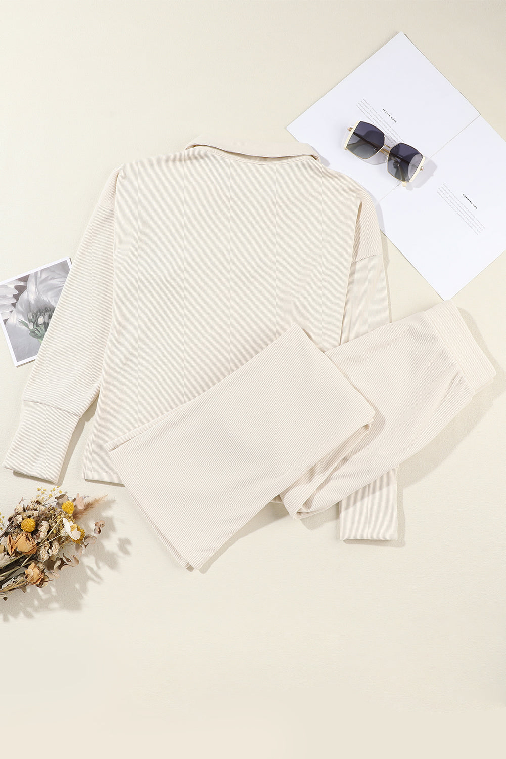 Beige Collared Split Neck Ribbed 2pcs Athleisure Outfit