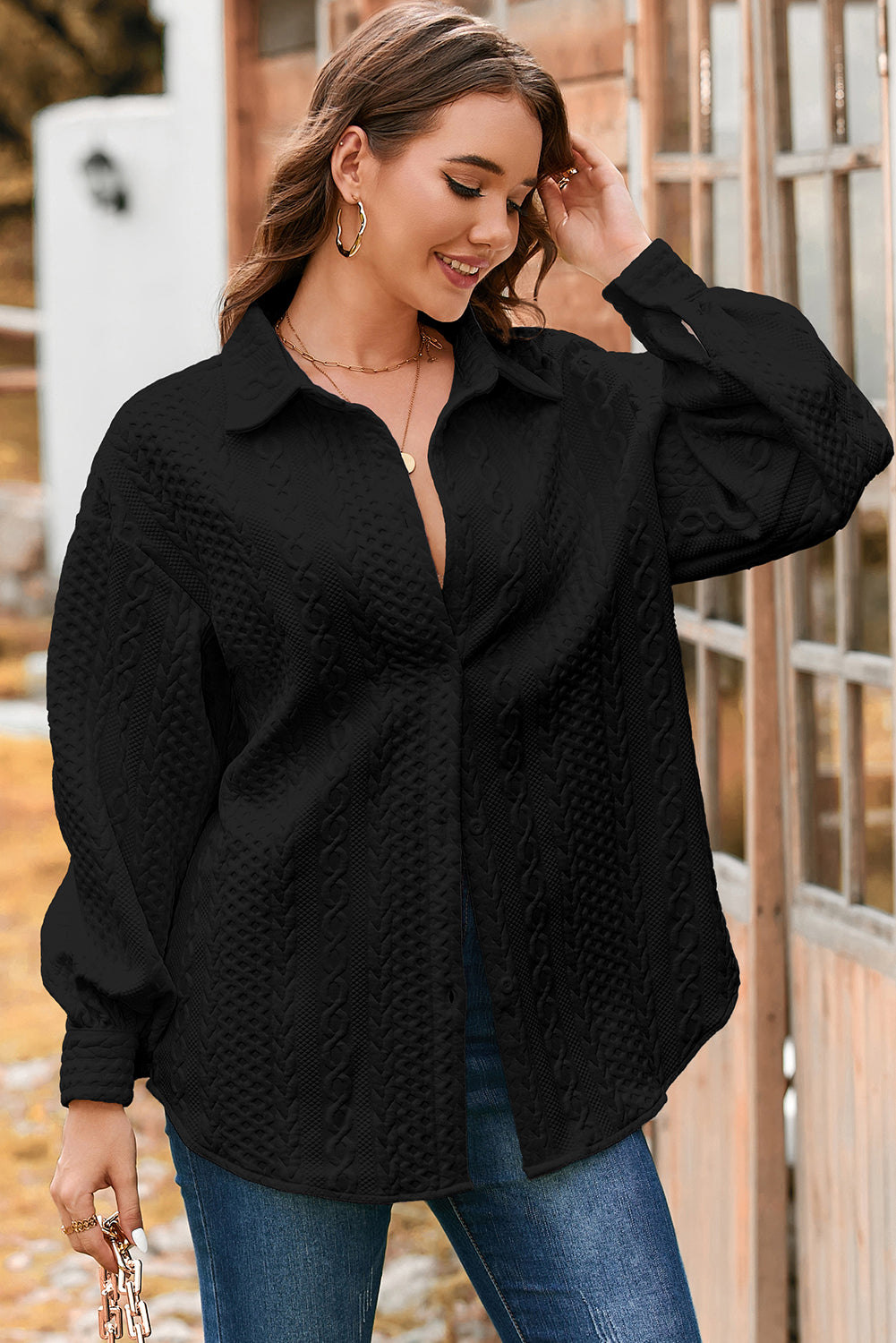 Black Cable Texture Puff Sleeve Loose Shacket