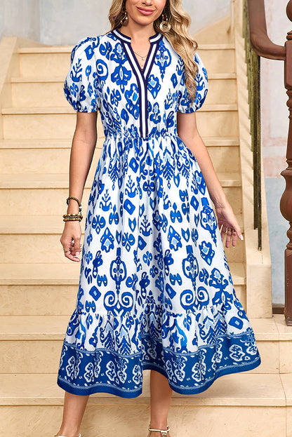 Sky Blue Floral Puff Short Sleeve V Neck High Waist Maxi Dress