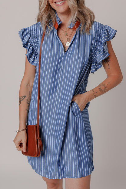 Sky Blue Stripe Frilly Split Neck Shirred Ruffle Sleeve Short Shift Dress