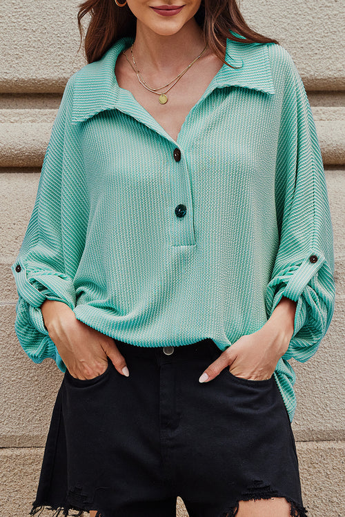 Light Blue Oversized Twist Ribbed Collared Henley Top with Roll up Sleeve