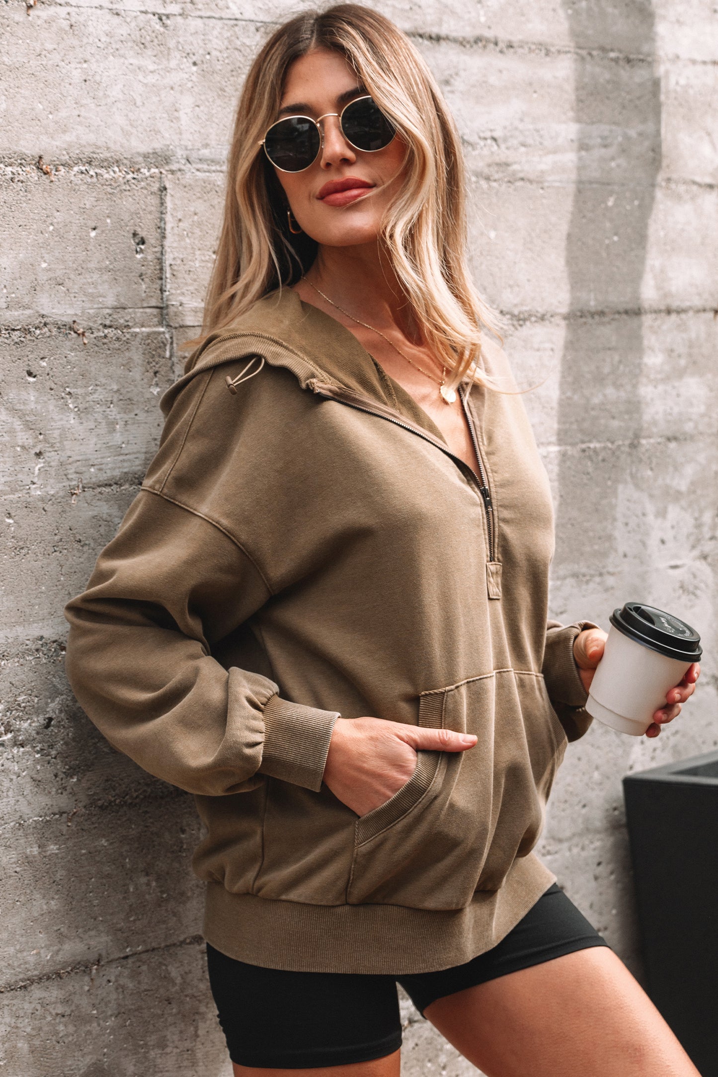 Ashleigh Blue Half Zip Kangaroo Pocket Mineral Wash Baggy Hoodie