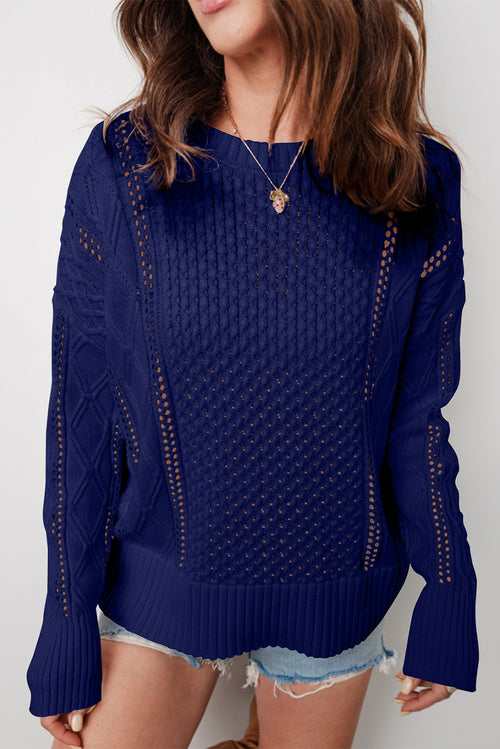 Navy Blue Mix Texture Knit Eyelet Detail Casual Sweater