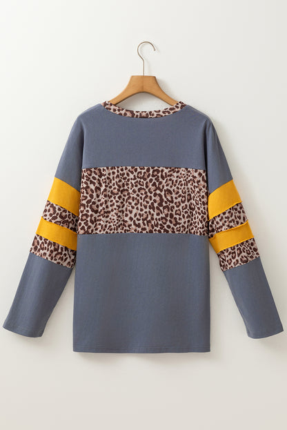 Dark Blue Leopard Colorblock Patchwork Long Sleeve Drop Shoulder Top