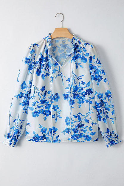Blue Floral Long Sleeve Lace-up V Neck Blouse