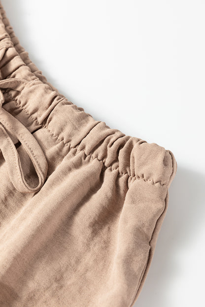 Pale Khaki Solid Color Keyhole Puffy Tank Drawstring Loose Pants 2pcs Outfit