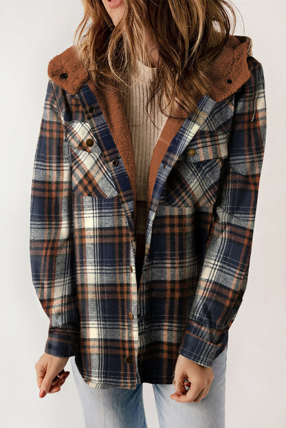 Black Plaid Pattern Sherpa Lined Hooded Shacket