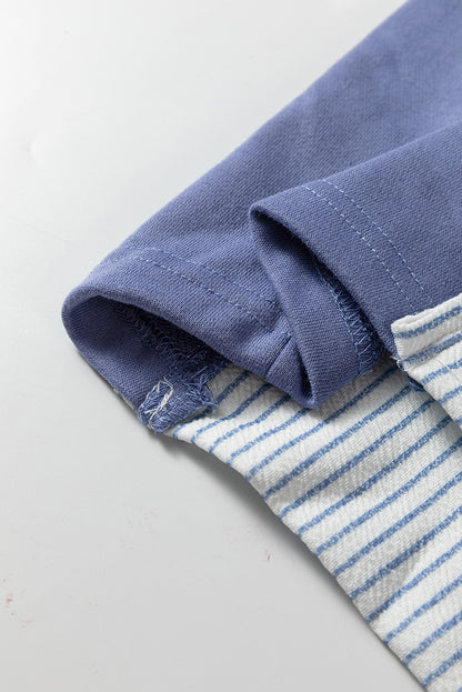 Light Grey Oversized Striped Colorblock Dolman Sleeve Collared Casual Top