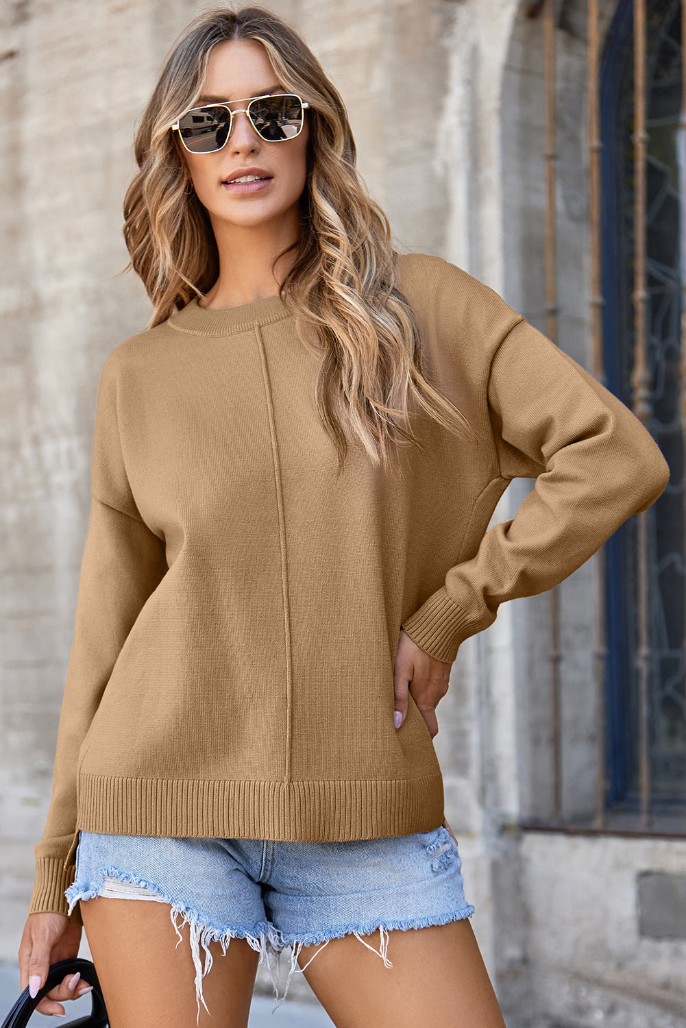 Light French Beige Front Center Seam Drop Shoulder Pullover Solid Sweater