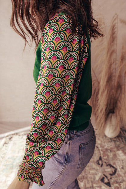 Blackish Green Floral Patchwork Shirred Cuff Puff Sleeve Sweater