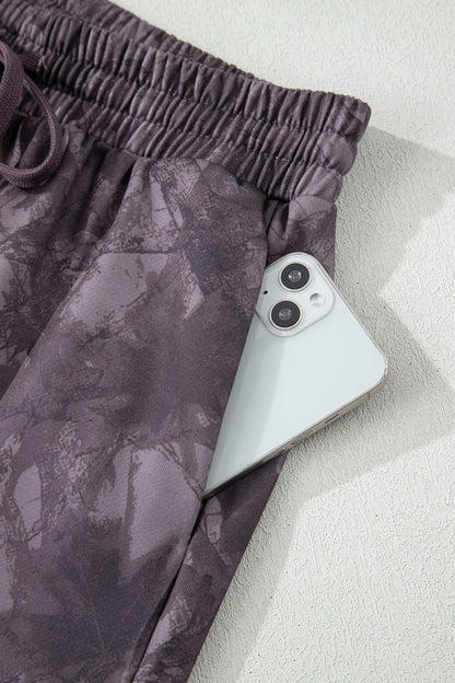 Brown Abstract Woodland Camo Print Baggy Pullover Drawstring Shorts Set