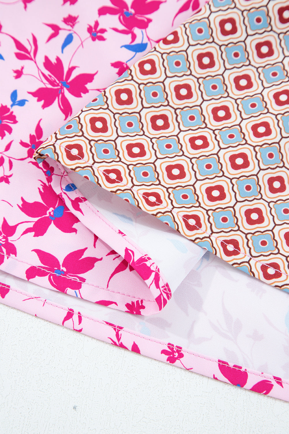 Pink Boho Mixed Floral Drop Shoulder Bubble Sleeve Blouse