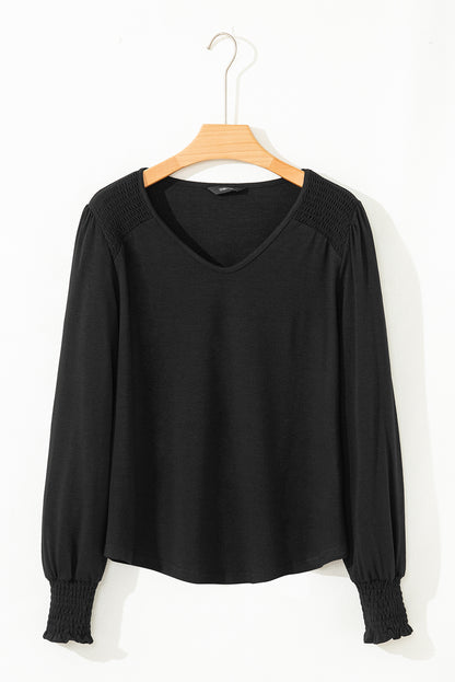 Sky Blue Shirred Shoulder Frilled Cuffs Long Sleeve Top