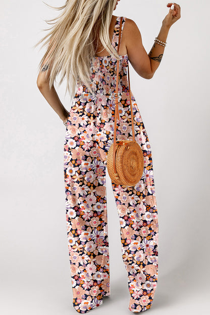 Black Floral Print Smocked High Waist Square Neck Jumpsuit